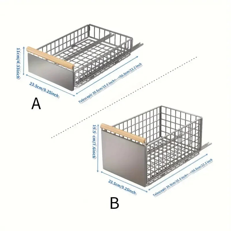 rangements métal pliables paniers maille fine gris moderne cuisine tringles poignées bois