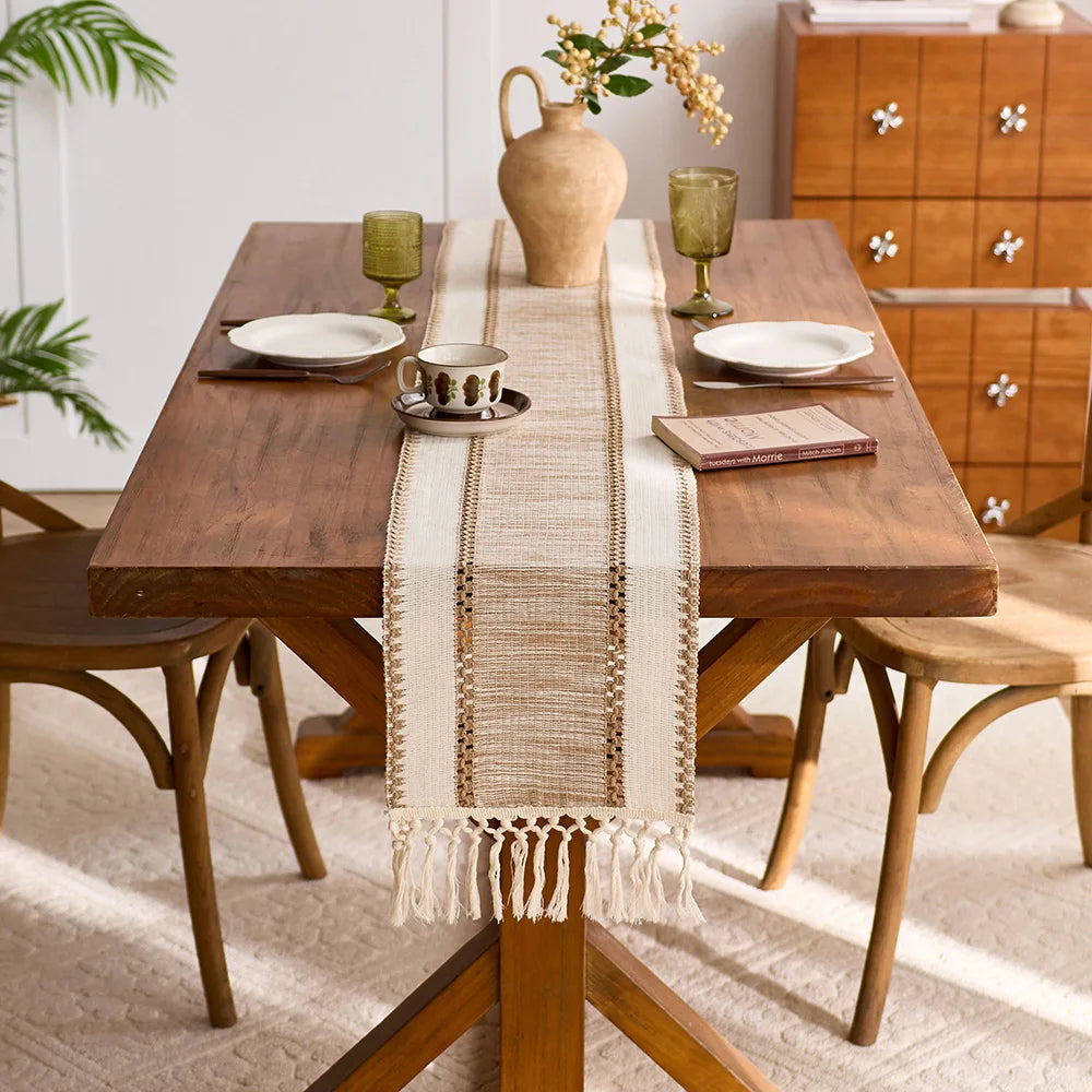 chinois boho chic chemin table géométrique franges beige clair tissé durable maison hiver été