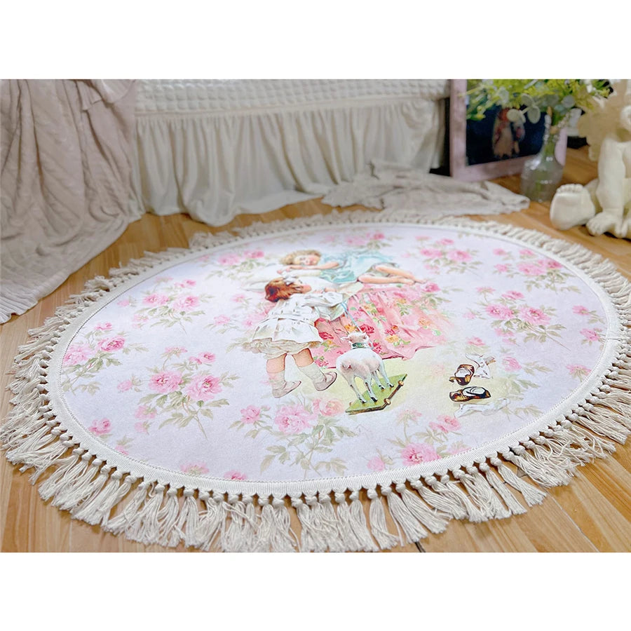 tapis rond fleuri vintage antidérapant doux franges vert rose chambre salon pastel romantiqueintérieur