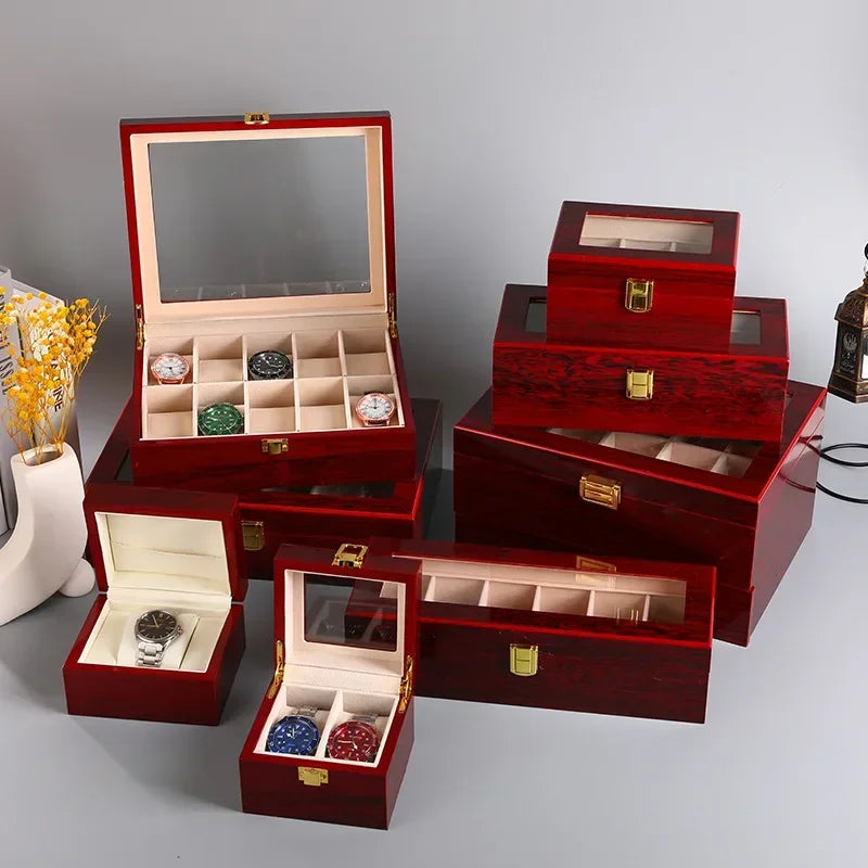 boîtes montres bois rouge foncé classique poignées dorées rangement voyage 12 fentes organizer bijoux
