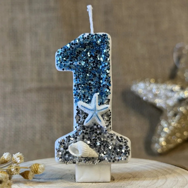 décoration gâteau sirène océan bougie chiffre paillettes étoiles mer coquillage thème marin blanc bleu