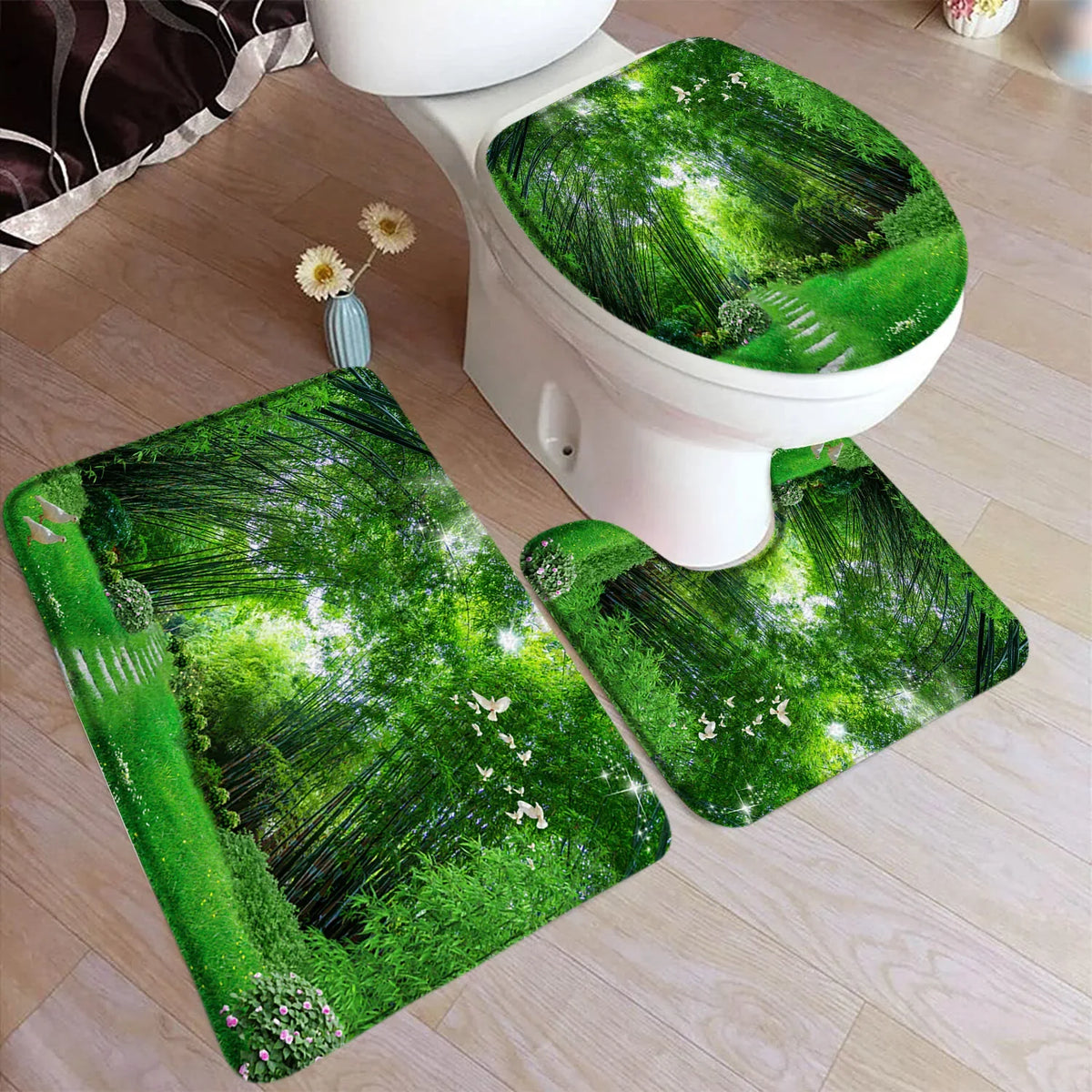 tapis toilette moderne vert feuilles bambou motifs floraux respectueux environnement adhésif salle bain