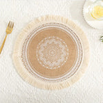 serviettes table boho chic beige noir motifs géométriques franges tissu lin opaques rondes