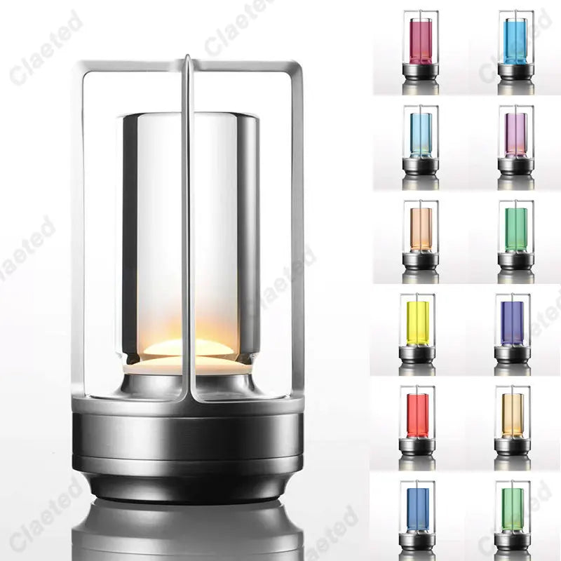 lampe torche moderne led transparente noir doré base métallique minimaliste lumière ambiance camping restaurant
