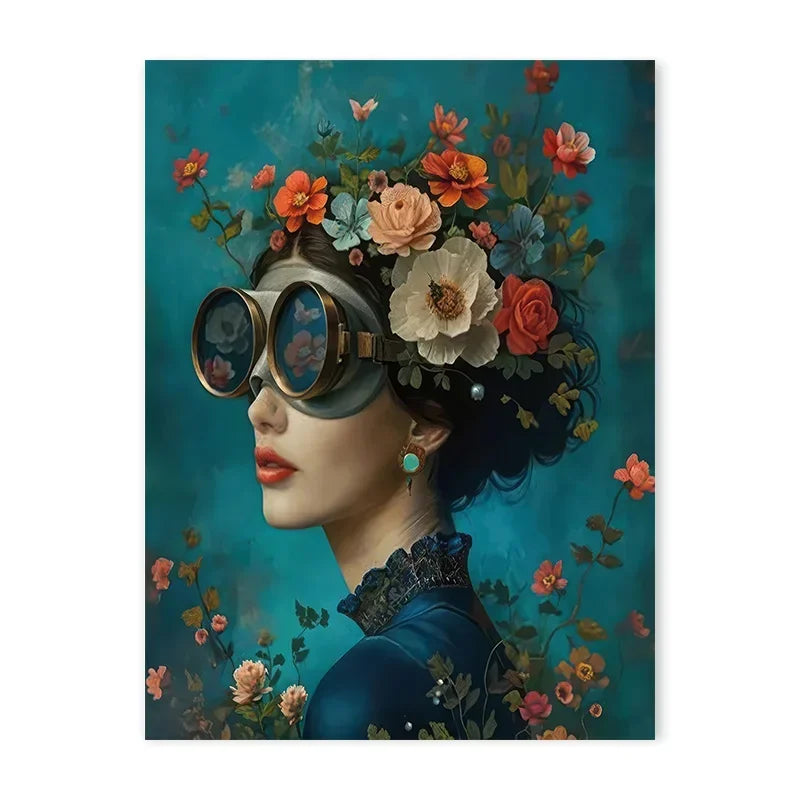 tableau toile art fleurs papillons lunettes moderne décoration mur salon cadre bois