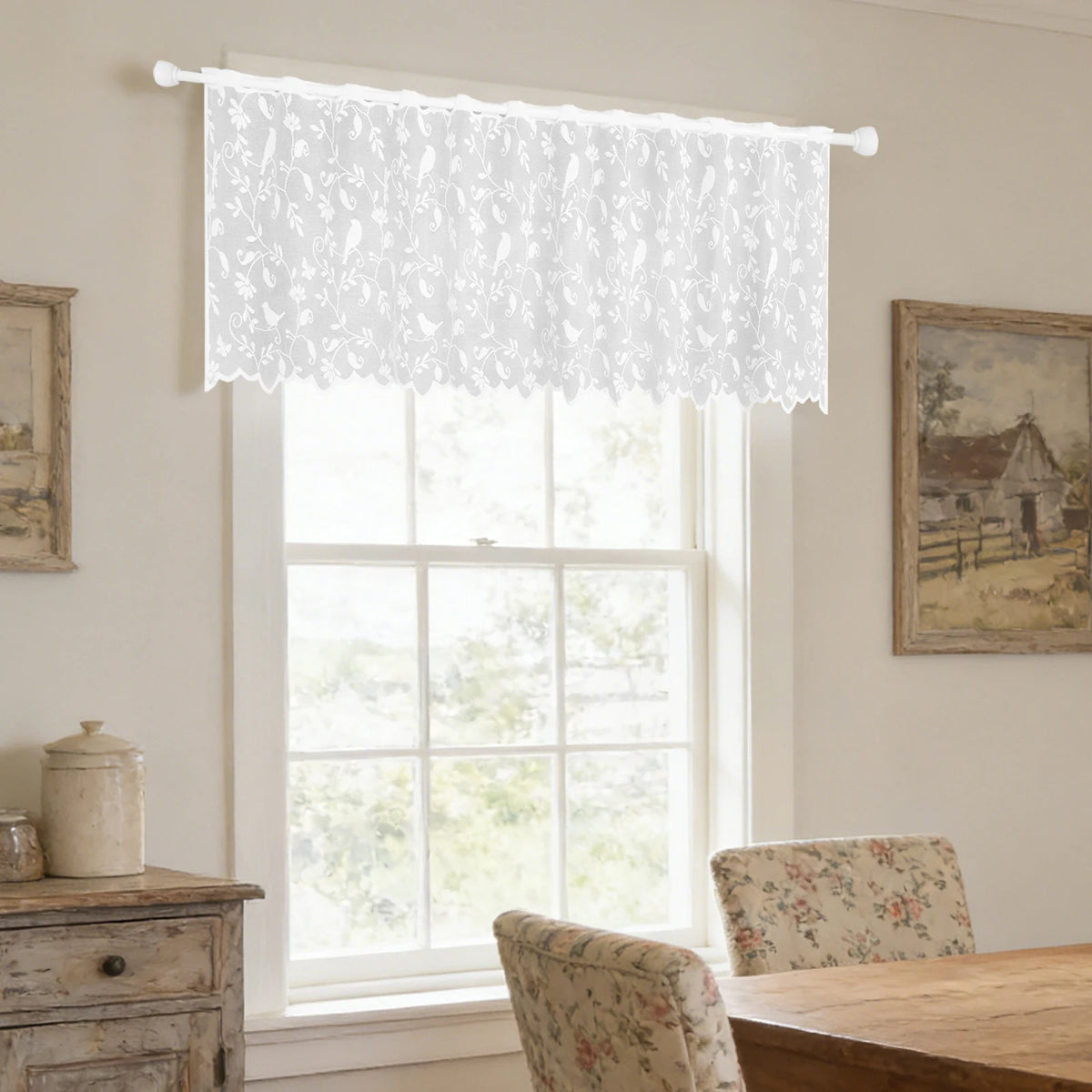 rideau blanc floral oiseaux transparent classique 45x150cm maison