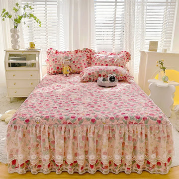 housse lit coton imprimé fleurs romantique douce rose blanche bleue violacée dentelle