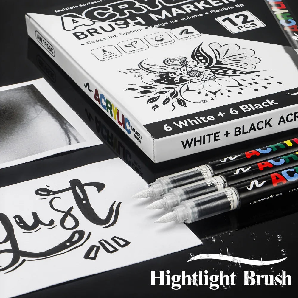 stylos marqueurs acrylique noir blanc floral brush ensemble 12 stylos boîte rangement