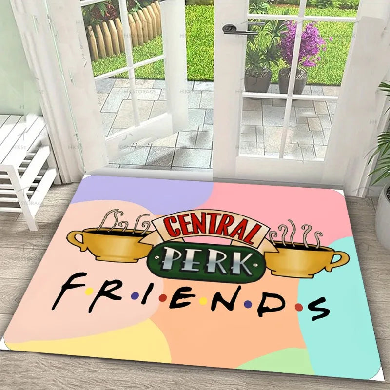 tapis d'entrée vert beige motif central perk tasses bienvenue moderne antidérapant résistantextérieurintérieur