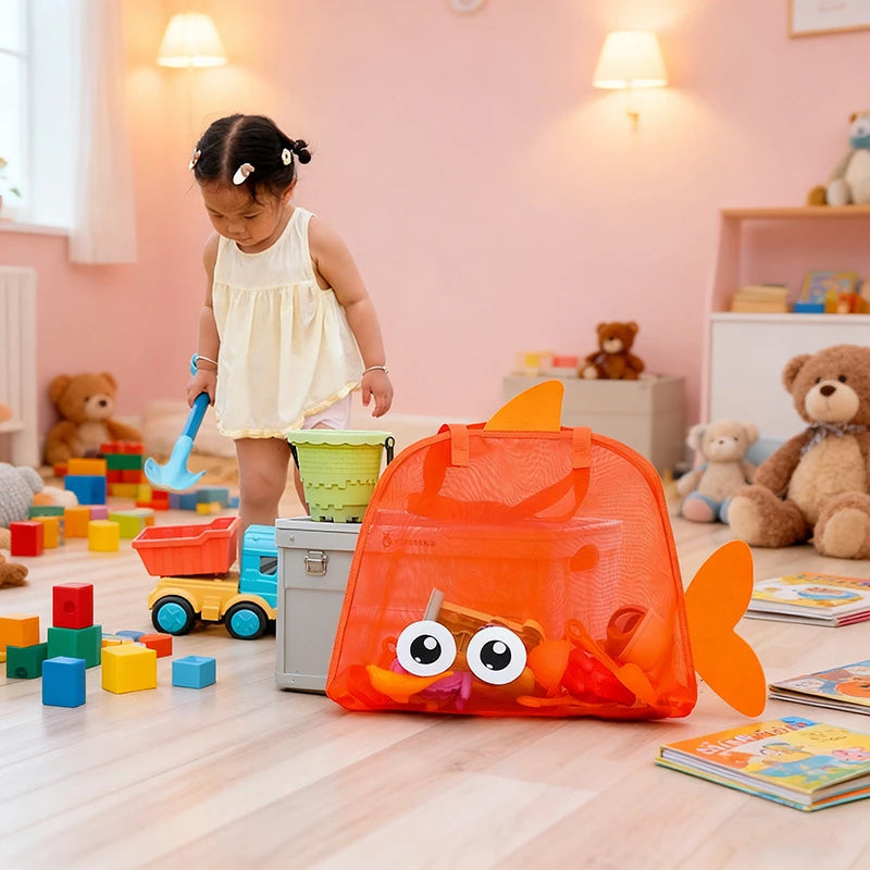 sac plage polyestère réutilisable orange vert bleu noir poisson transparent enfant pelle seau jouets