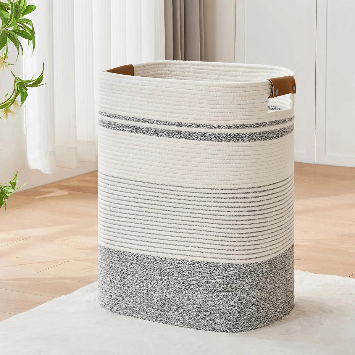 panier linge blanc rayures moderne poignées cuir tassel réutilisable polyester chambre salon