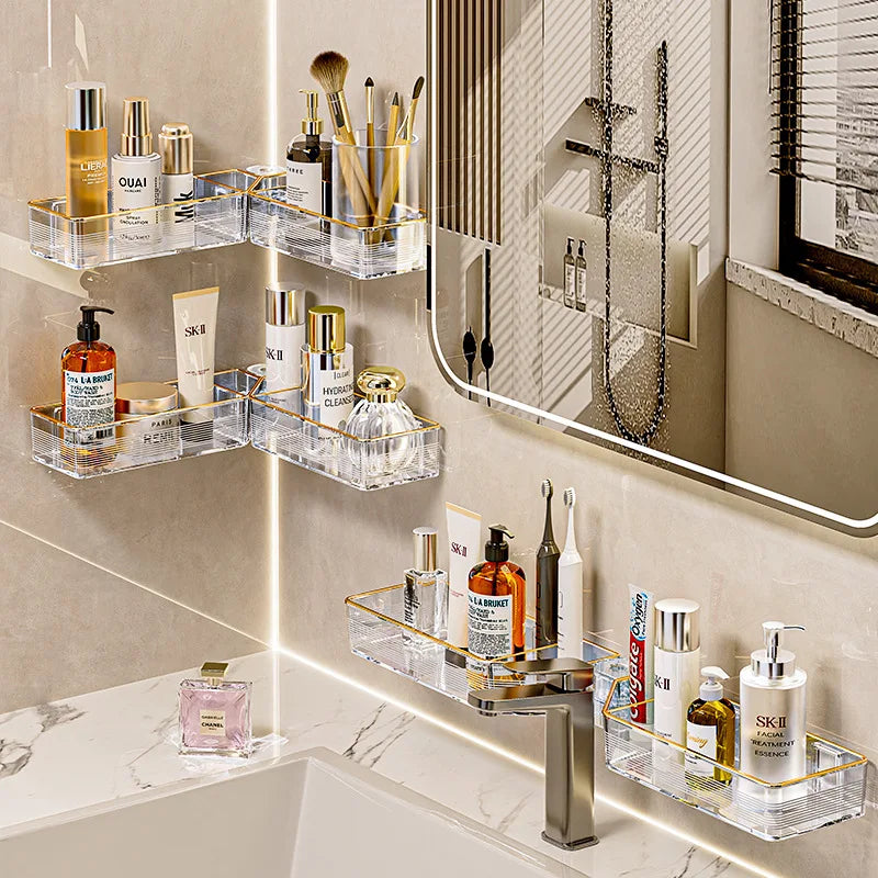 étagère salle bain adhésive transparente moderne réutilisable minimaliste douche cuisine