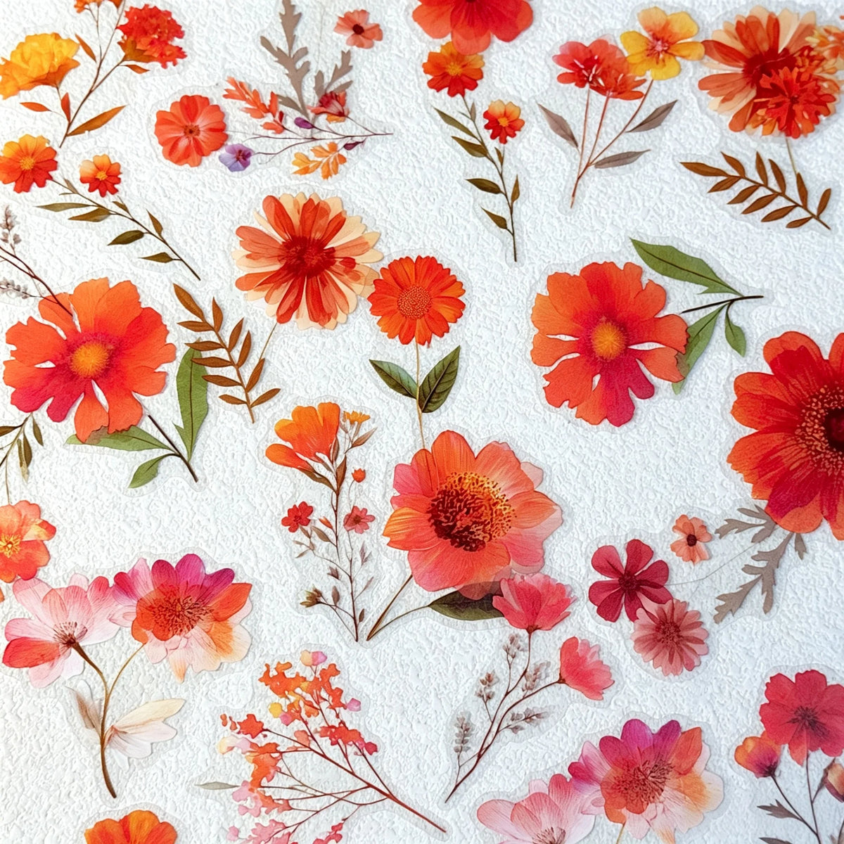 autocollants fleurs séchées naturelles variées orange rouge rose violet bleu jaune scrapbooking diy journal