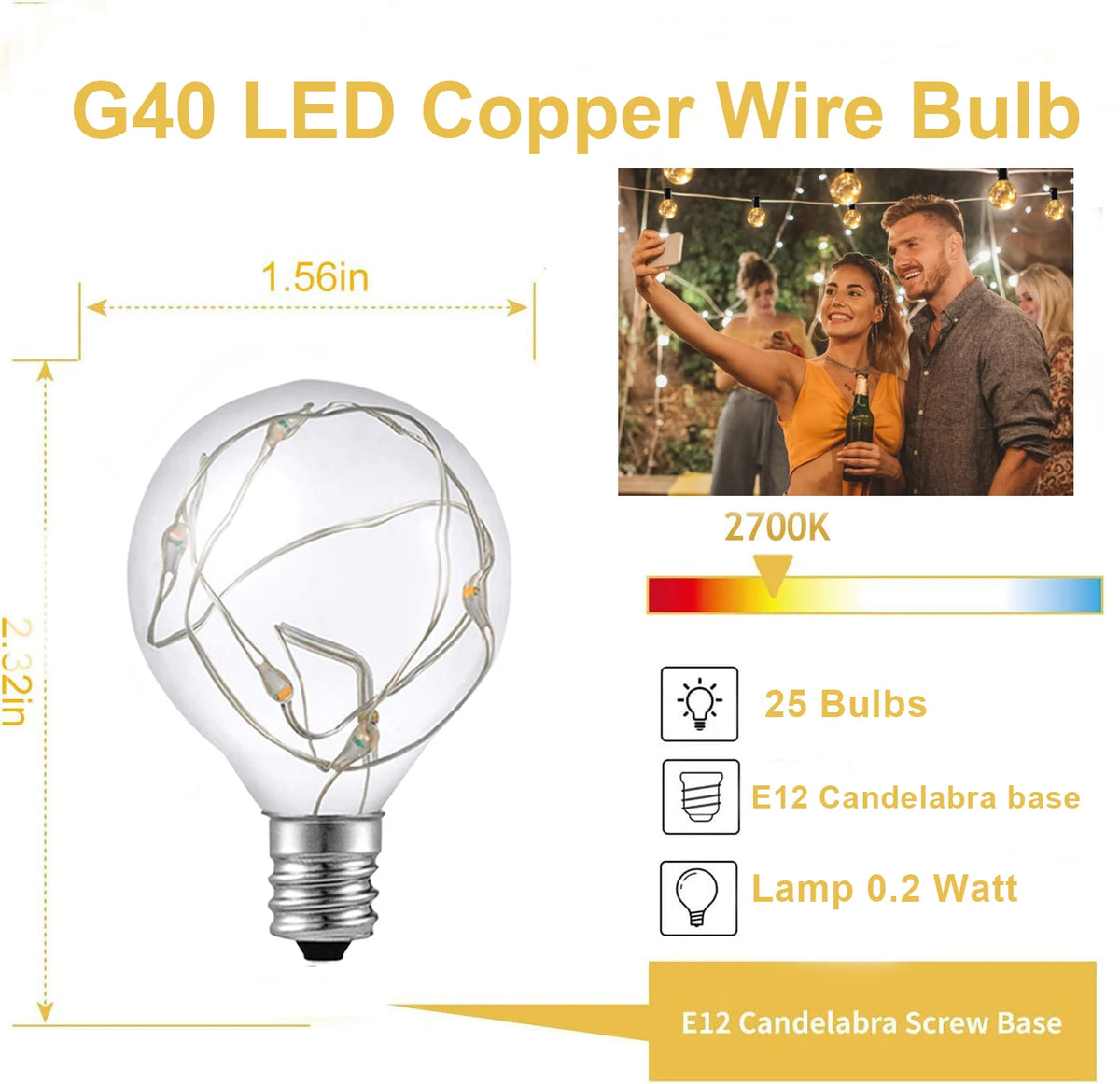 ampoules led g40 fil cuivre transparentes dorées opalescentes vintage e12 25pcs 2700k 3v