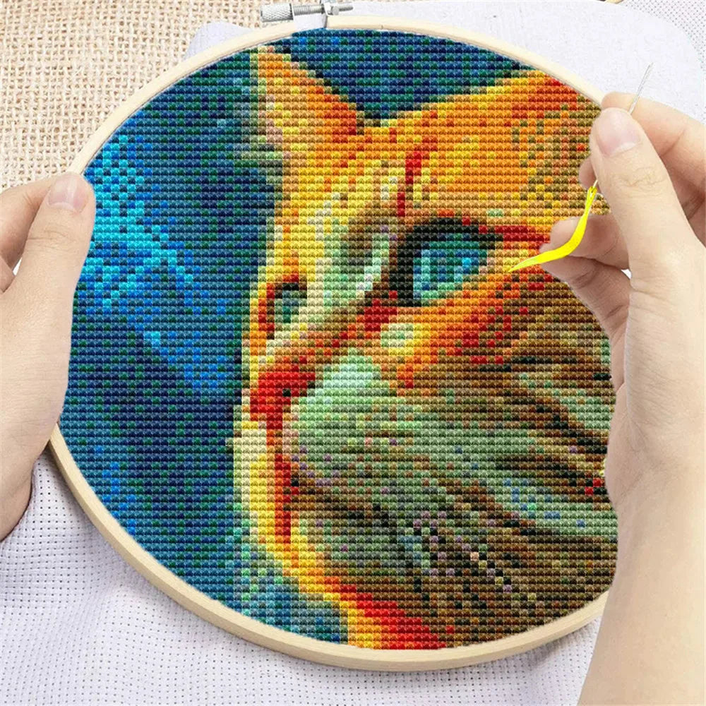 tableau broderie chat banc paysage fleurs coton 11CT 14CT orange bleu jaune vert rouge