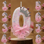 bougies numériques anniversaire forme chiffres paillettes strass rubans bleu rose décoratives féminines