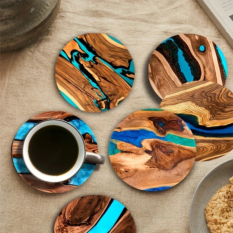 coasters bois naturel moderne 10cm marron bleu turquoise décoration table maison respectueux environnement
