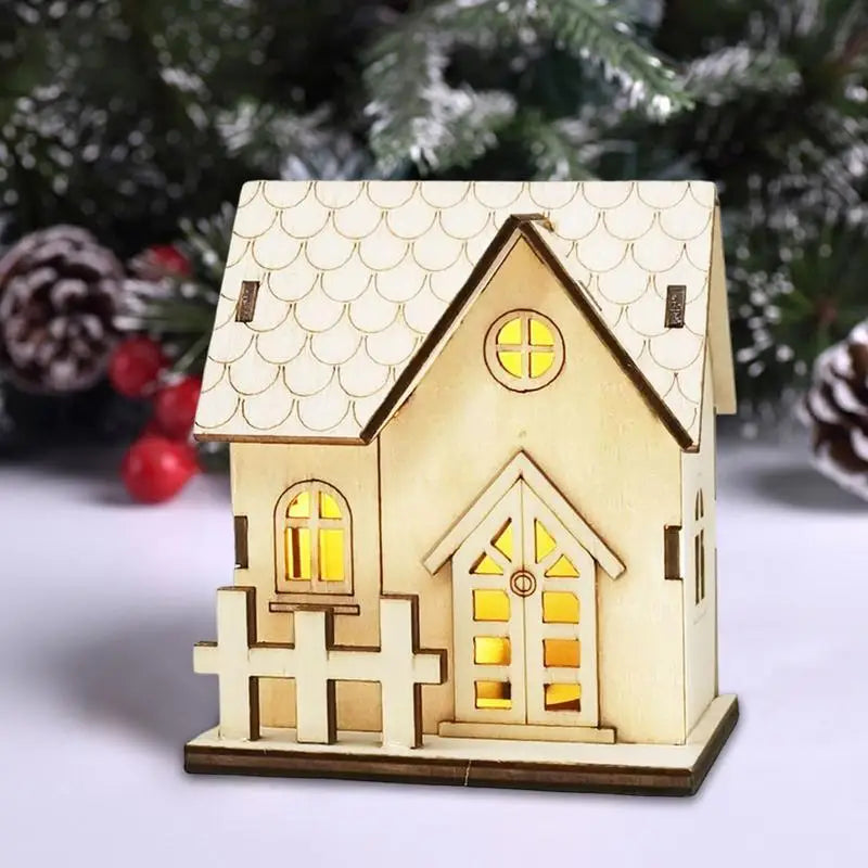 décoration noël maisonnette bois lumineuse fenêtres transparentes rustique vintage blanc beige
