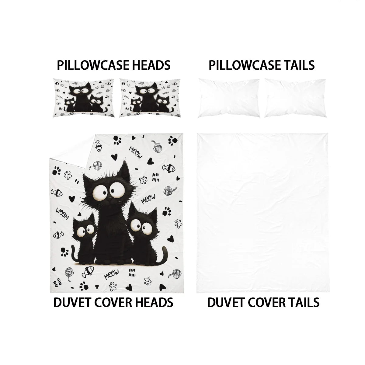 ensemble literie chatons noirs blanc noir poissons coeurs moderne pièces polyester machine