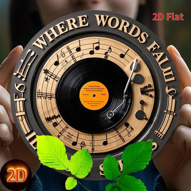 décoration murale disque vinyle notes musicales où mots échouent musique parle noir beige 20cm