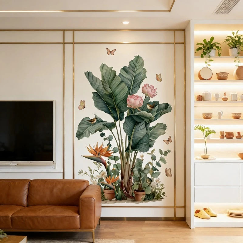 autocollant mural végétal fleurs papillons vintage naturel translucide décoration muriale maison porte