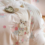 ensemble literie rose broderies chats fleurs ultra doux drap oreillers romantique