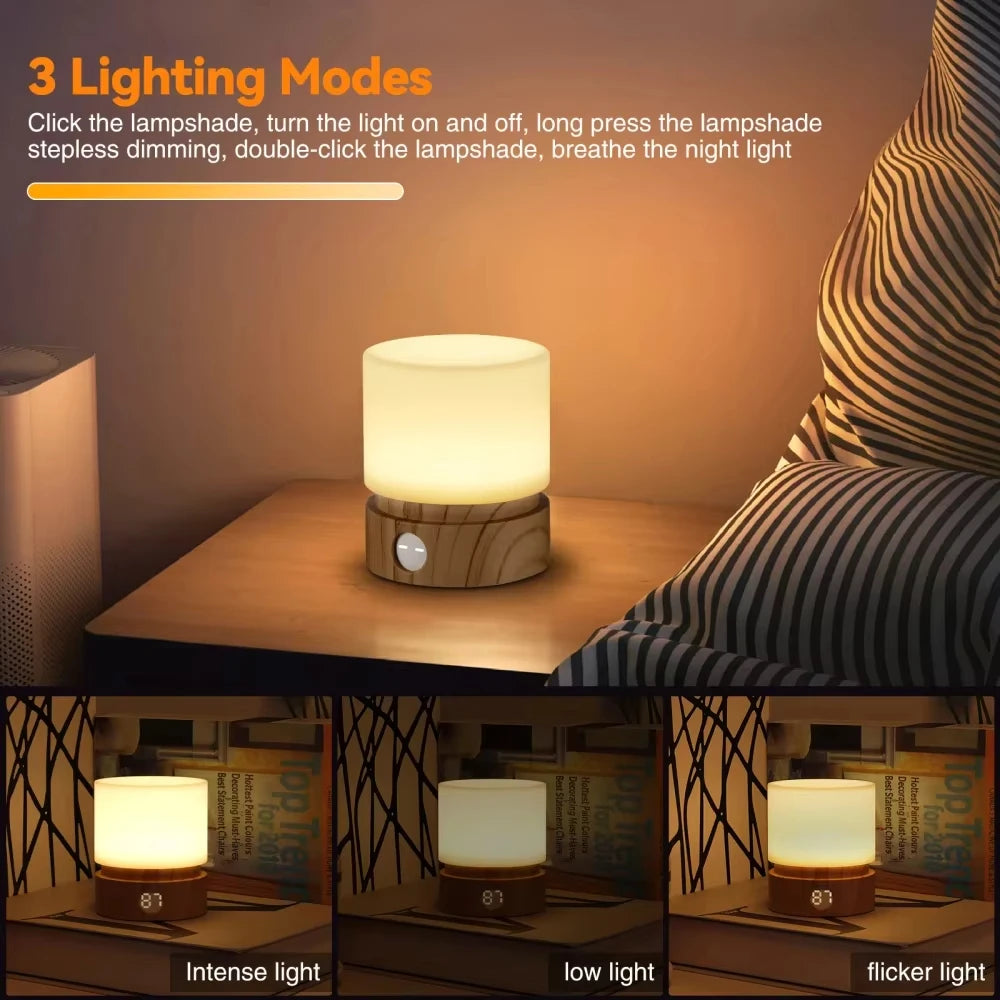 lampe chevet veilleuse led rechargeable blanc texture bois moderne tactile sans fil recharge usb