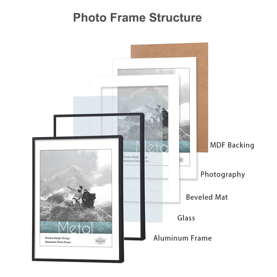 cadres photo modernes rectangulaires métal noir blanc doré verre transparent aluminium mat minimaliste