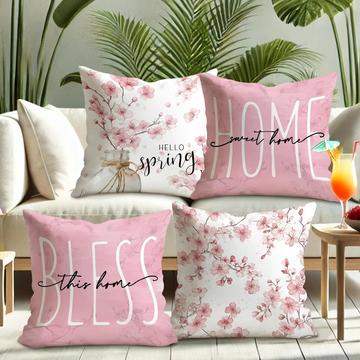 housse coussin imprimé fleurs roses hello spring sweet opaque moderne 45x45cm polyester