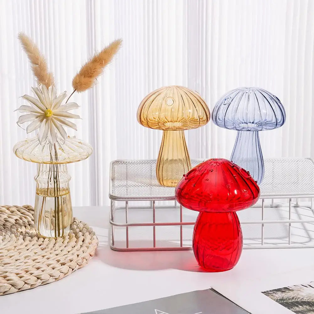 vase champignon transparent moderne bleu doré vert clair vert brun rouge jaune
