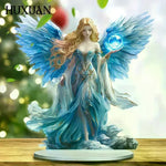 statue décorative fée papillon bleu blanc doré plumes vêtements brodés motifs floraux fantaisie base