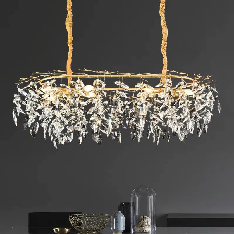 lustre moderne pendentif cristal doré feuilles stylisées led salon chambre