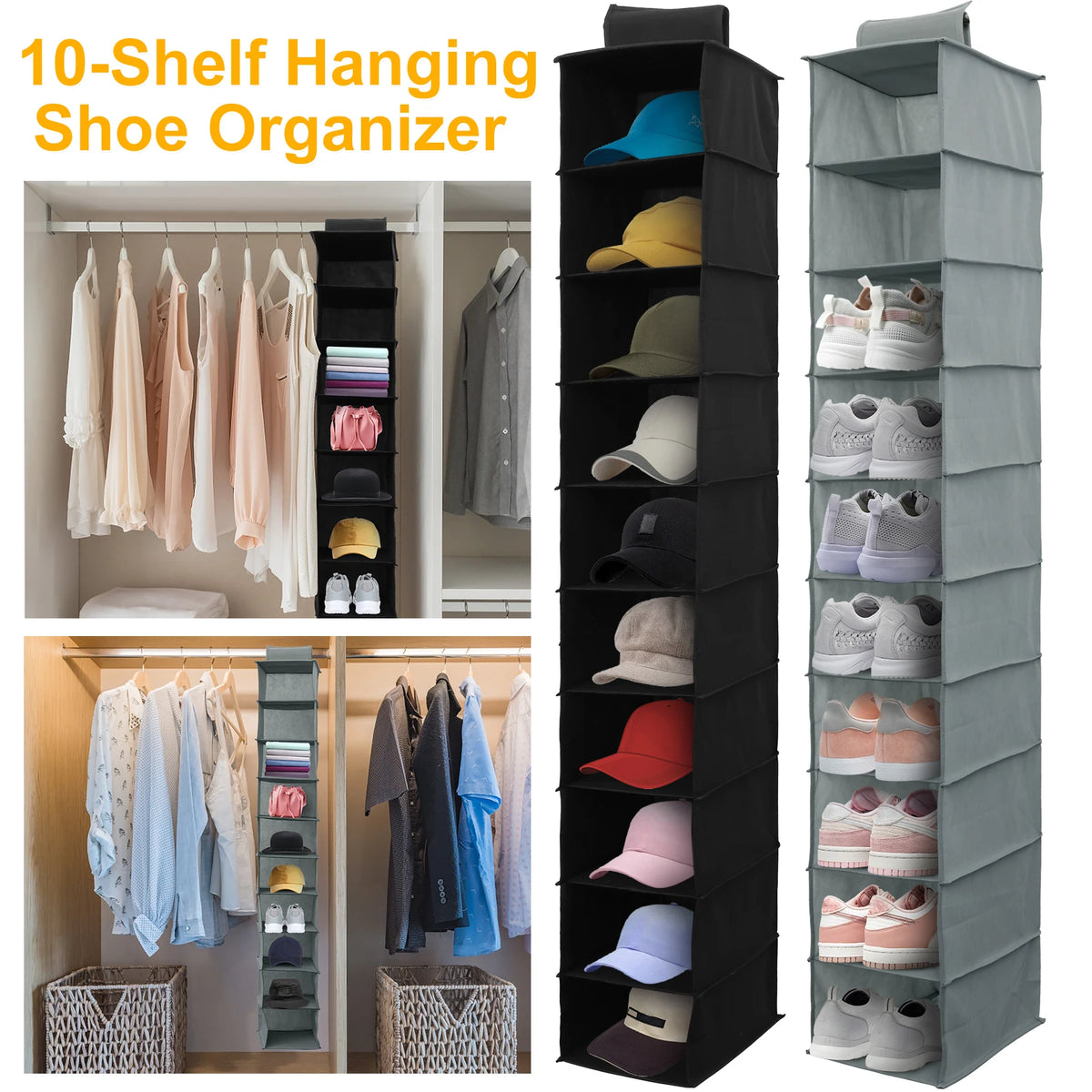 organisateur chaussures suspendu gris non woven polyester pliable moderne 10 compartiments crochets