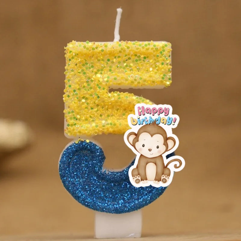 bougies anniversaire animaux singe pailletées chiffres decoration gâteau enfants festive