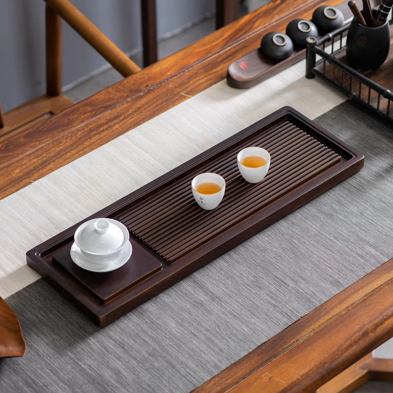 plateau thé bois naturel tasses théière terre cuite drainage bois traditionnel minimaliste