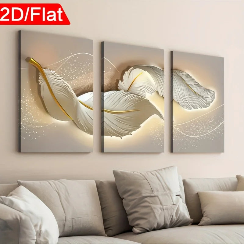 peinture abstraite moderne toile feuilles stylisées cadre doré salon chambre blanc grisclair