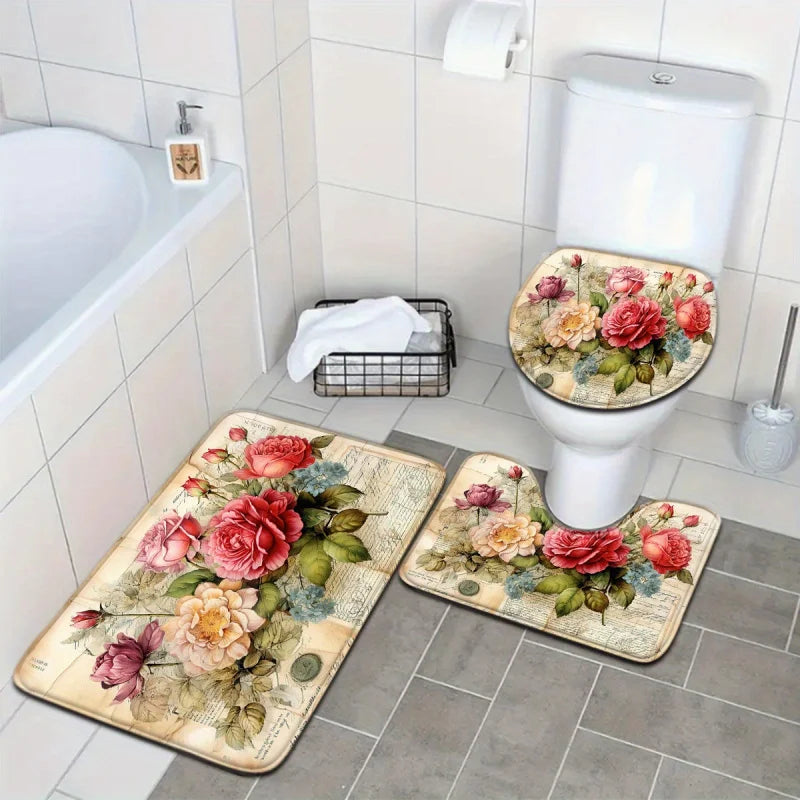 tapis bain ensemble multicolore fleurs vintage non glissant salle bain roses coton moderne