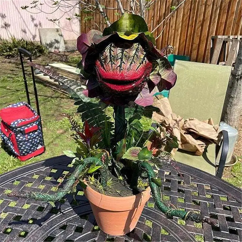 statue plante carnivore audrey ii halloween réplique plante vert rouge marron feuilles texturées pot