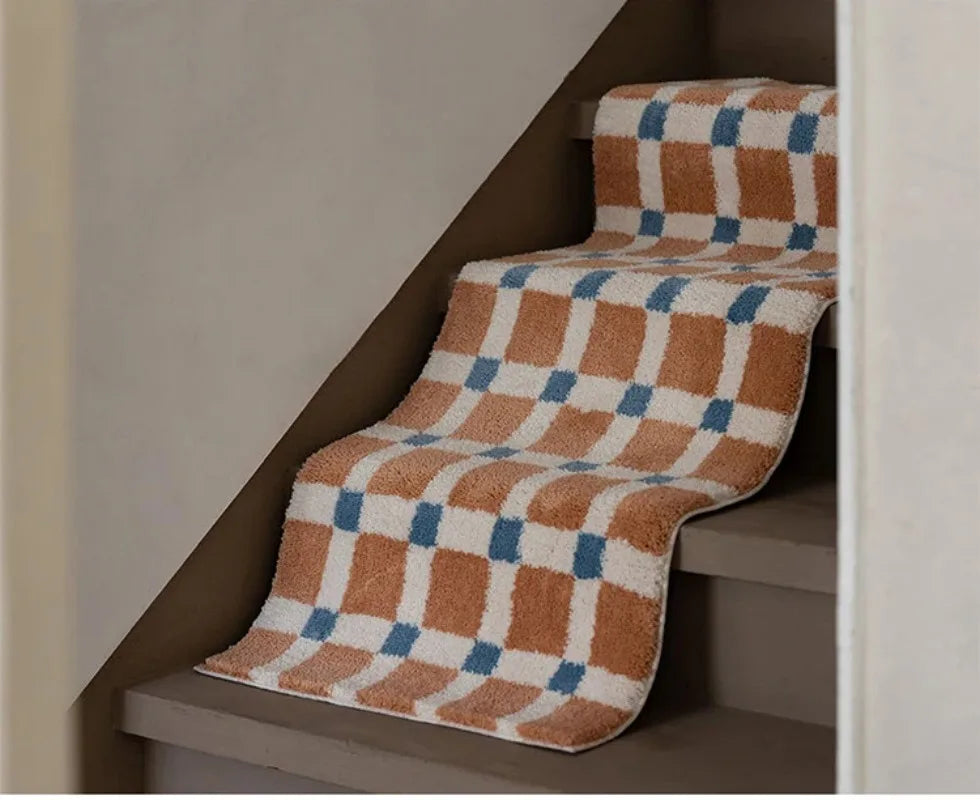 tapis d'escalier moderne beige bleu carreaux géométriques antidérapant intérieur extérieur adultes