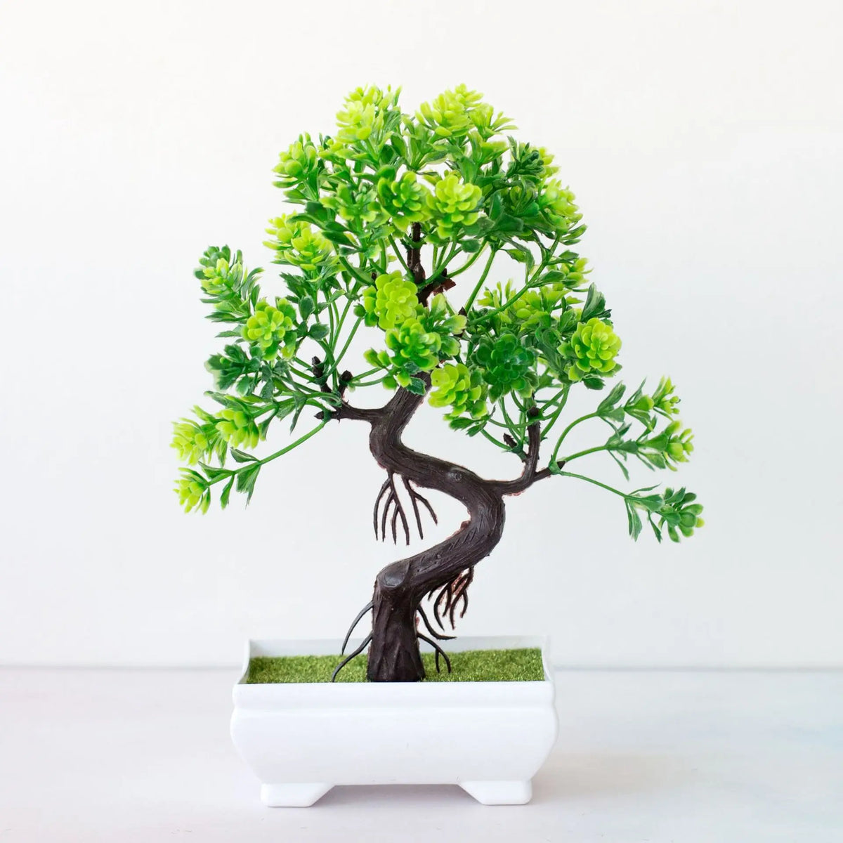 bonsaï artificiel vert feuilles rondes pot blanc décoration intérieure tronc noueux classique mousse verte