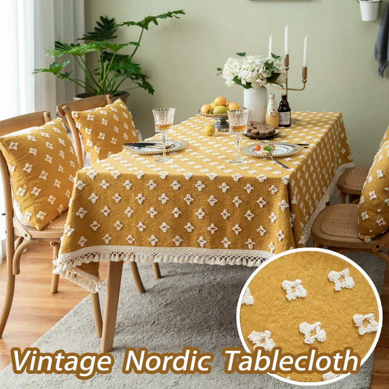 nappe table vintage jaune moutarde motif floral nordique réutilisable été printemps hiver automne