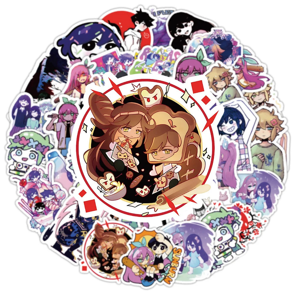 sticker anime personnages illustration manga violet noir blanc rose vert bleu rouge beige 10pcs