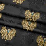 tissu brocart jacquard papillons noirs or turquoises brillants luxueux coudre 160cm