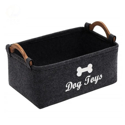panier rangement jouets chien tissu feutré motif os dog toys gris noir rustique