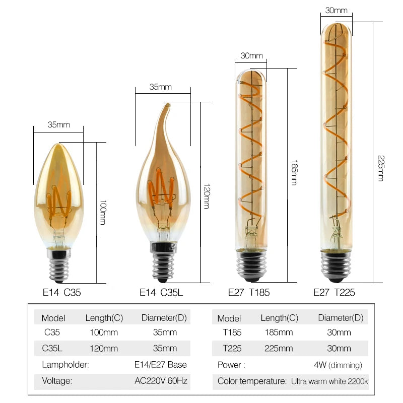 ampoules led spirale dorée retro translucides 2200k e27 4w 220v a60 c35 t45 st64