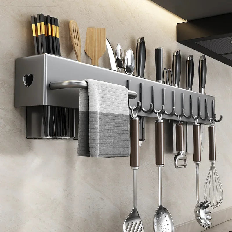 organisateur mural cuisine gris couteaux baguettes serviettes rangement multifonctionnel moderne minimaliste