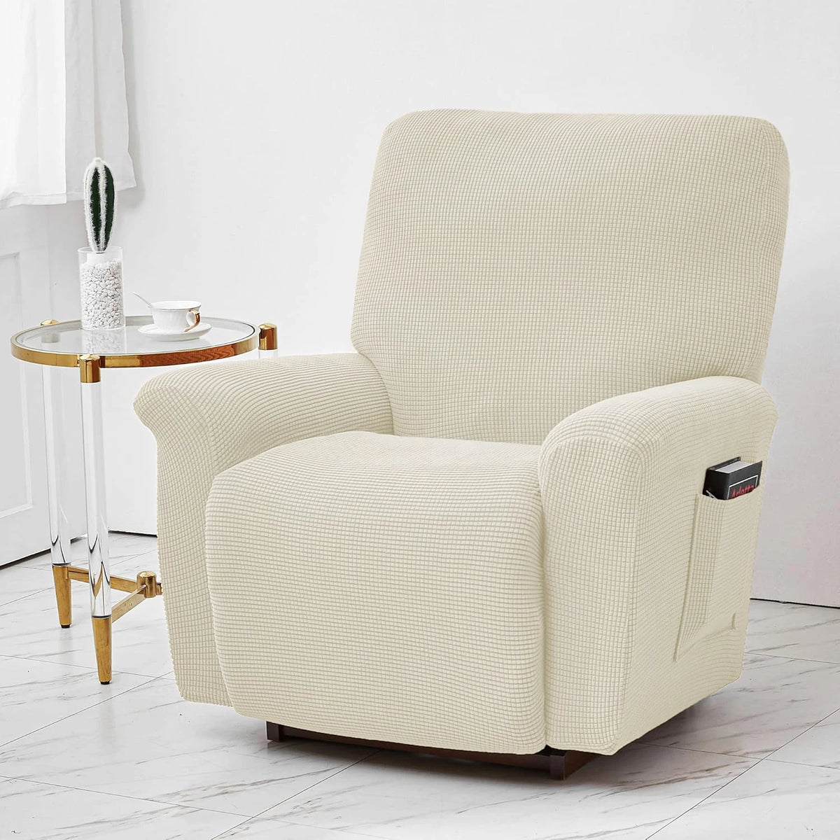 Housse fauteuil inclinable bleu noir gris jacinquée extensible moderne poche adhésif lavage machine