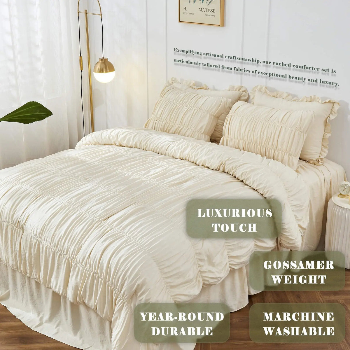 ensemble literie classique plissé beige clair couvre lit oreillers élégant double king super king
