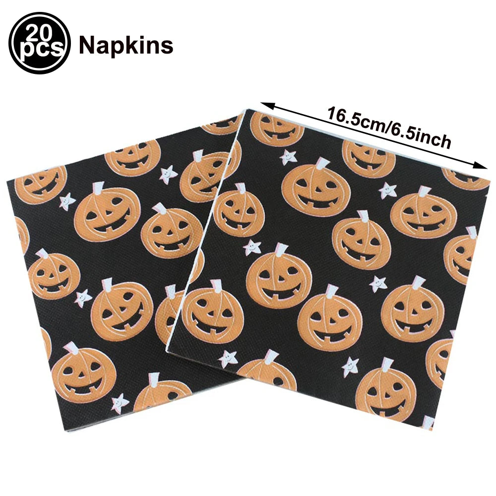 serviettes papier halloween motifs citrouille fantôme crâne main ensanglantée sorcière chauve souris cocktail