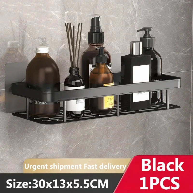 étagères salle bain moderne noires dorées mural sans perçage double niveau aluminium inoxydable